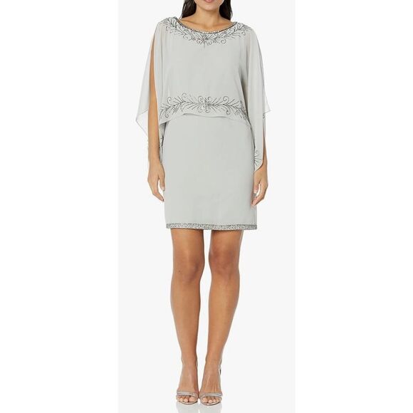 J Kara Women's Boat Neck Capelet Short Cocktail Beaded Dress - Picture 1 of 8